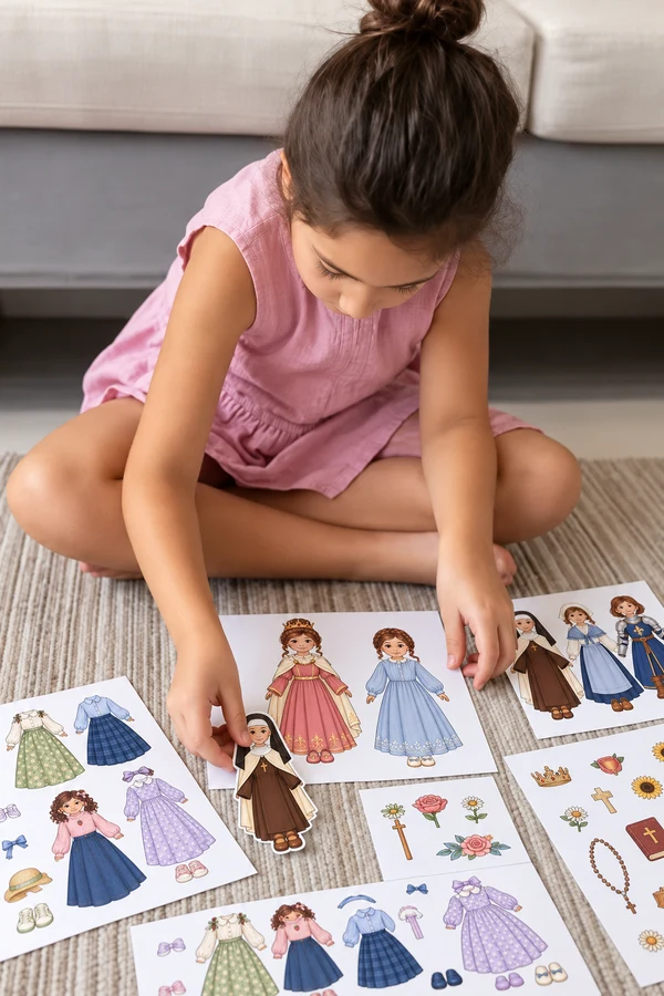 Menina brincando no tapete com bonecas de santas e roupas modestas