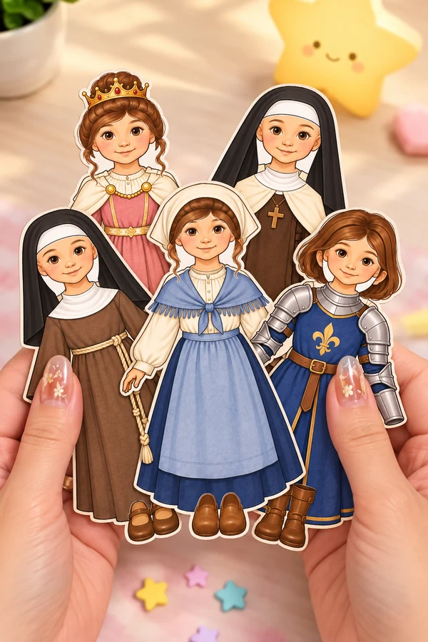 Mãos segurando as cinco bonecas de papel inspiradas em santas católicas