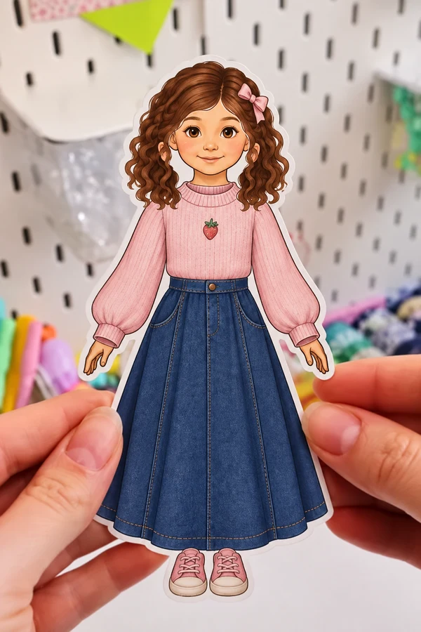 Boneca de papel com blusa rosa de mangas longas e saia jeans longa