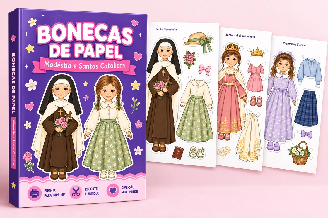 Apresentação digital da coleção Bonecas de Papel: Modéstia e Santas Católicas, com santas e roupas longas para recortar