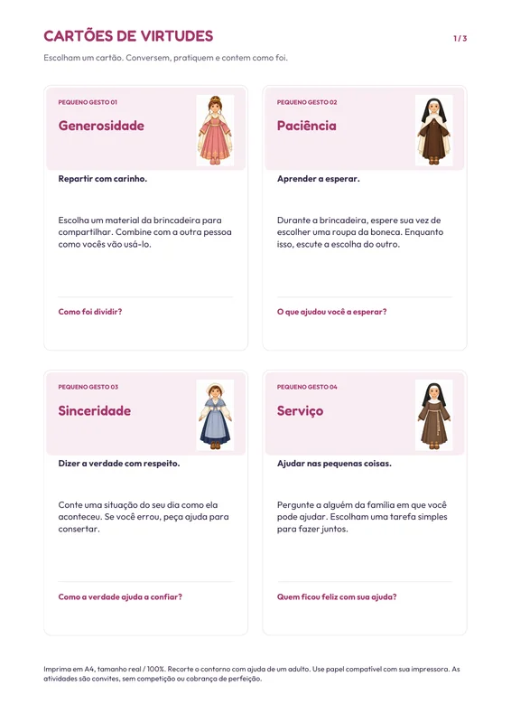 Uma das três folhas de cartões de virtudes
